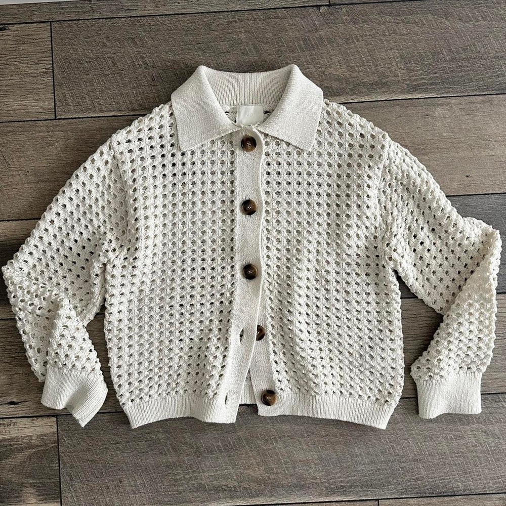 H&M Women's Crochet Cream Button-Up Sweater